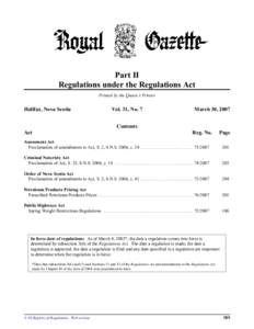 Part II Regulations under the Regulations Act Printed by the Queen’s Printer Halifax, Nova Scotia