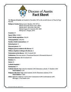 Fact Sheet The Diocese of Austin was founded in November 1947 as the seventh diocese in Texas by Pope Pius XII. Bishops of Austin:	Bishop Louis J. Reicher, [removed] † 	 Bishop Vincent M. Harris, [removed] †