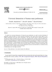 Personality and Individual Diﬀerences–458 www.elsevier.com/locate/paid Universal dimensions of human mate preferences Todd K. Shackelford a