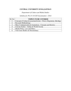 CENTRAL UNIVERSITY OF RAJASTHAN Department of Culture and Media Studies Syllabus for Ph. D CUCET Examination – 2014 Sl. No 1 2