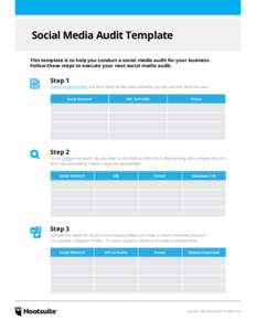 Social Media Audit Template This template is to help you conduct a social media audit for your business. Follow these steps to execute your next social media audit. Step 1