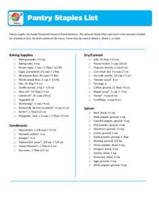 Pantry Staples List Pantry staples are foods frequently found in home kitchens. The amount listed after each item is the amount needed for a family of four, for both weeks of the menu. Items may be used in Week 1, Week 2