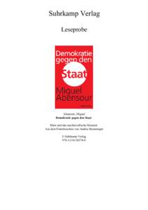 Suhrkamp Verlag Leseprobe Abensour, Miguel Demokratie gegen den Staat Marx und das machiavellische Moment