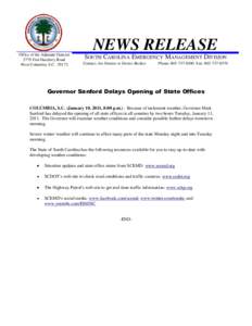 Office of the Adjutant General 2779 Fish Hatchery Road West Columbia, S.C[removed]NEWS RELEASE SOUTH CAROLINA EMERGENCY MANAGEMENT DIVISION