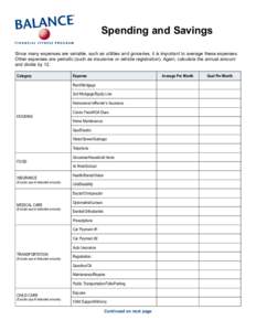 Spending and Savings Since many expenses are variable, such as utilities and groceries, it is important to average these expenses. Other expenses are periodic (such as insurance or vehicle registration). Again, calculate