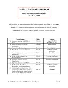 SRSRA TOWN HALL MEETING New Ellenton Community Center JUNE 27, 2014 After reviewing the notes and discussing the Town Hall Meeting held on June 27, 2014, Dave Hepner, DOE-SR Acquisitions Operations Division Director, has