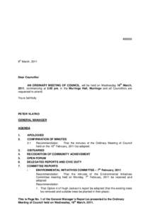 #[removed]8th March, 2011 Dear Councillor AN ORDINARY MEETING OF COUNCIL, will be held on Wednesday 16th March,