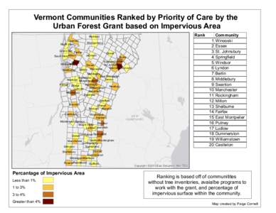 Vermont Communities Ranked by Priority of Care by the Urban Forest Grant based on Impervious Area Rank Richford