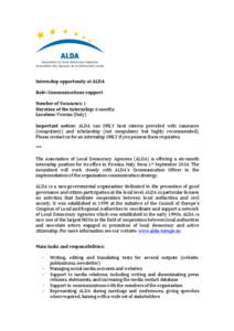   	
   Internship	
  opportunity	
  at	
  ALDA	
     Role:	
  Communications	
  support	
   	
  