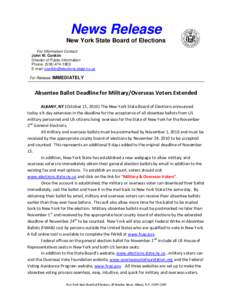 News Release New York State Board of Elections For Information Contact: John W. Conklin Director of Public Information Phone: (