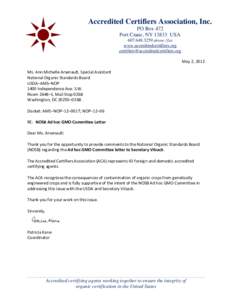 Accredited Certifiers Association, Inc. PO Box 472 Port Crane, NY[removed]USA[removed]phone / fax www.accreditedcertifiers.org [removed]