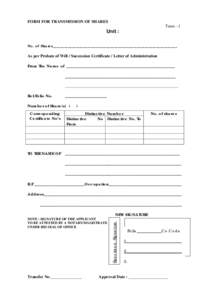 FORM FOR TRANSMISSION OF SHARES Trans - 1 Unit : No. of Shares_________________________________________________________________