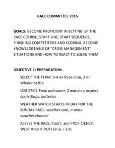 RACE	COMMITTEE	2016	 	 GOALS:	BECOME	PROFICIENT	IN	SETTING	UP	THE RACE	COURSE,	START	LINE,	START	SEQUENCE,	 FINISHING	COMPETITORS	AND	SCORING.	BECOME	 KNOWLEDGEABLE	OF	“CRISIS	MANAGEMENT”