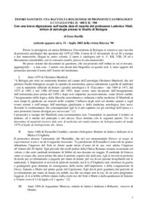 TESORI NASCOSTI: UNA RACCOLTA BOLOGNESE DI PRONOSTICI ASTROLOGICI A CAVALLO FRA IL ‘400 E IL ‘500 Con una breve digressione sull’esatta data di nascita del professore Ludovico Vitali,