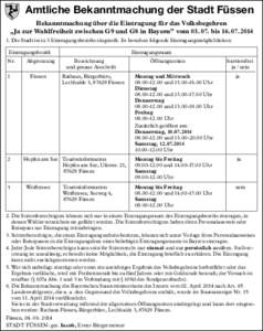Amtliche Bekanntmachung der Stadt Füssen Bekanntmachung über die Eintragung für das Volksbegehren „Ja zur Wahlfreiheit zwischen G9 und G8 in Bayern” vom[removed]bis[removed]Die Stadt ist in 3 Eintragungsbe