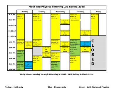 Math and Physics Tutoring Lab Spring 2015 Monday 8:30 AM Tuesday