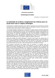 COMMISSION EUROPEENNE  COMMUNIQUE DE PRESSE Bruxelles, le 29 octobre[removed]La Colombie et le Pérou remplissent les critères pour un