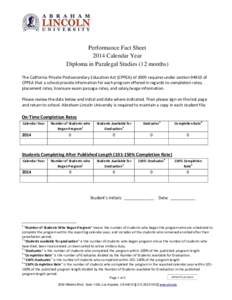 Performance Fact Sheet 2014 Calendar Year Diploma in Paralegal Studies (12 months) The California Private Postsecondary Education Act (CPPEA) of 2009 requires under sectionof CPPEA that a school provide informatio