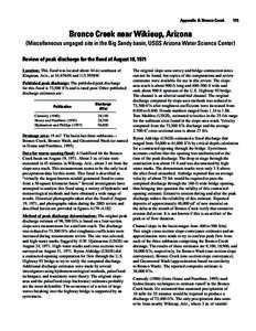 Appendix A: Bronco Creek   175  Bronco Creek near Wikieup, Arizona (Miscellaneous ungaged site in the Big Sandy basin, USGS Arizona Water Science Center) Review of peak discharge for the flood of August 19, 1971 Loca