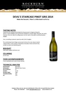DEVIL’S STAIRCASE PINOT GRIS 2014 Make the Descent…There’s a little devil in all of us TASTING NOTES Inspired by the winding road leading from Queenstown to Kingston along the shores of Lake Wakatipu and sourced fr