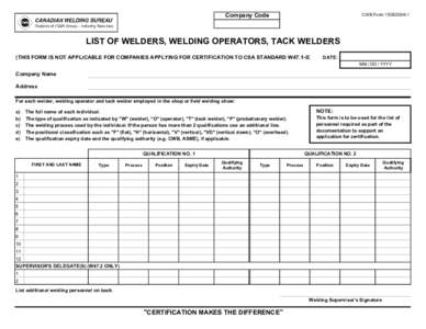 Company Code  CWB Form 153E[removed]LIST OF WELDERS, WELDING OPERATORS, TACK WELDERS (THIS FORM IS NOT APPLICABLE FOR COMPANIES APPLYING FOR CERTIFICATION TO CSA STANDARD W47.1-03