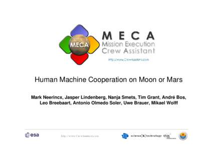 Human Machine Cooperation on Moon or Mars Mark Neerincx, Jasper Lindenberg, Nanja Smets, Tim Grant, André Bos, Leo Breebaart, Antonio Olmedo Soler, Uwe Brauer, Mikael Wolff http://www.CrewAssistant.com