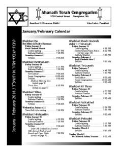 Jonathan H. Hausman, Rabbi  Alan Lader, President January/February Calendar Shabbat Bo