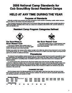 2008 National Camp Standards for Cub Scout/Boy Scout Resident Camps HELD AT ANY TIME DURING the Year Purpose of Standards Nationally accredited camp standards have been developed to assist councils in conducting a qualit