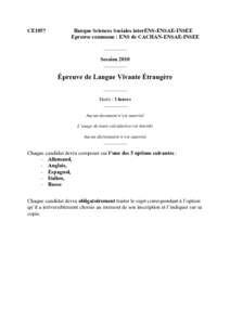 CE1057  Banque Sciences Sociales interENS-ENSAE-INSEE Epreuve commune : ENS de CACHAN-ENSAE-INSEE __________