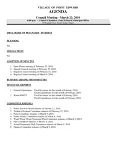 VILLAGE OF POINT EDWARD  AGENDA Council Meeting –March 23, 2010 6:00 p.m. – Council Chambers, Point Edward Municipal Office 135 Kendall Street, Point Edward, Ontario