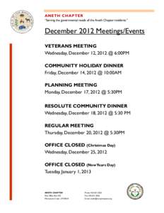 ANETH CHAPTER “Serving the governmental needs of the Aneth Chapter residents.” December 2012 Meetings/Events VETERANS MEETING Wednesday, December 12, 2012 @ 6:00PM