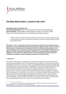The Belo Monte Dam: a camel in the tent? NorLARNet analysis, 22 February 2011 Fernando Mathias Baptista, lawyer at the Brazilian NGO Insituto Socioambiental (ISA) Kjersti Thorkildsen, PhD candidate at the Norwegian Unive