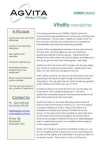 SUMMER[removed]Vitality newsletter In this Issue: AgVita launches new LIMS database