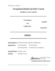 Vern Morris v. Loblaw Inc.  Occupational Health and Safety Council Disciplinary Action Complaint  Vern Morris