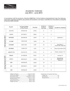 Academic Calendar July 2014 – June 2015 S pring S emester[removed]Fall S emester 2014
