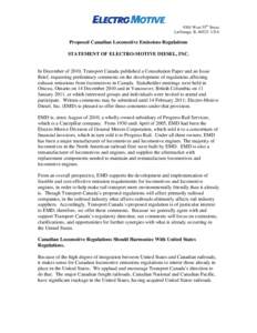 9301 West 55th Street LaGrange, IL[removed]USA Proposed Canadian Locomotive Emissions Regulations STATEMENT OF ELECTRO-MOTIVE DIESEL, INC.