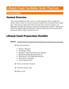 Preventing Relapse. Lifestyle Coach Facilitation Guide: Post-Core