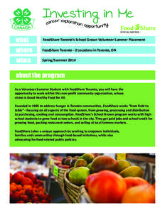 Invest ing in Me OFFICIAL PARTNER what  FoodShare Toronto’s School Grown Volunteer Summer Placement