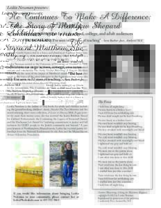Lesléa Newman presents:  He Continues To Make A Difference: The Story of Matthew Shepard an anti-bullying presentation for high school, college, and adult audiences