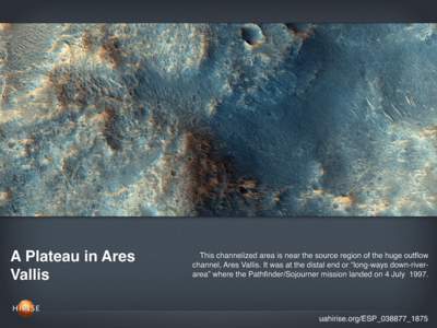 A Plateau in Ares Vallis This channelized area is near the source region of the huge outflow channel, Ares Vallis. It was at the distal end or “long-ways down-riverarea” where the Pathfinder/Sojourner mission landed 