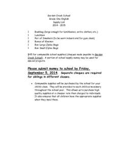 Garden Creek School Grade One English Supply List[removed]