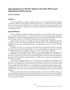 Age distribution of Pacific halibut in the 2013 IPHC stock assessment setline survey Joan E. Forsberg Abstract The age distribution of halibut sampled during the 2013 International Pacific Halibut