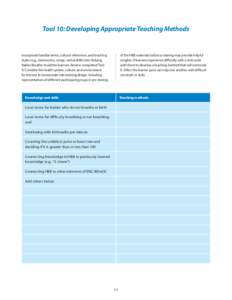 Tool 10: Developing Appropriate Teaching Methods  Incorporate familiar terms, cultural references, and teaching styles (e.g., mnemonics, songs, verbal drills) into Helping Babies Breathe to aid the learners. Review compl