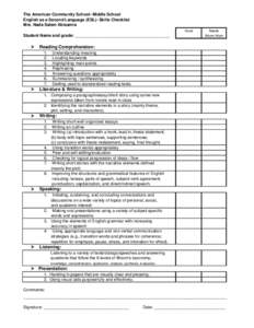 The American Community School- Middle School English as a Second Language (ESL)- Skills Checklist Mrs. Nada Salem Abisamra Good  Student Name and grade: _________________________________________