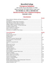 Bloomfield College Emergency Guidelines 467 Franklin Street, Bloomfield, NJ[removed]Office of Security, 225 Liberty Street, Lower Level[removed], ext[removed]or 1‐800‐809‐2222