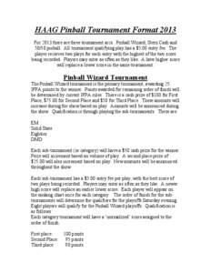 HAAG Pinball Tournament Format 2013 For 2013 there are three tournament arcs. Pinball Wizard, Stern Cash and[removed]pinball. All tournament qualifying play has a $5.00 entry fee. The