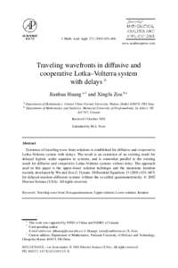 J. Math. Anal. Appl–466 www.academicpress.com Traveling wavefronts in diffusive and cooperative Lotka–Volterra system with delays ✩