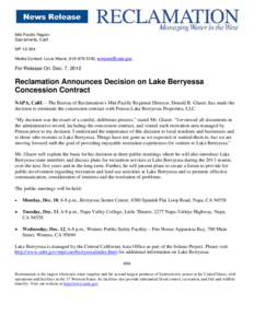 Reclamation Announces Decision on Lake Berryessa Concession Contract