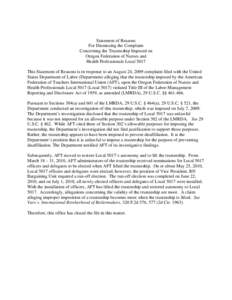Statement of Reasons For Dismissing the Complaint Concerning the Trusteeship Imposed on Oregon Federation of Nurses and Health Professionals Local 5017 This Statement of Reasons is in response to an August 24, 2009 compl