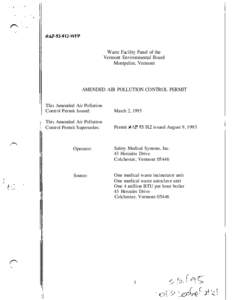 #AP-93-012wFP Waste Facility Panel of the Vermont Environmental Board Montpelier, Vermont  AMENDED AIR POLLUTION CONTROL PERMIT